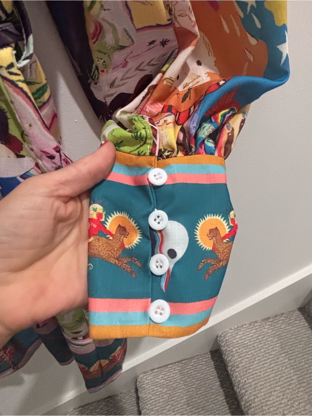 Multicolor Patchwork Mini Dress with Teal and Pink Accents - Picture 6 of 7